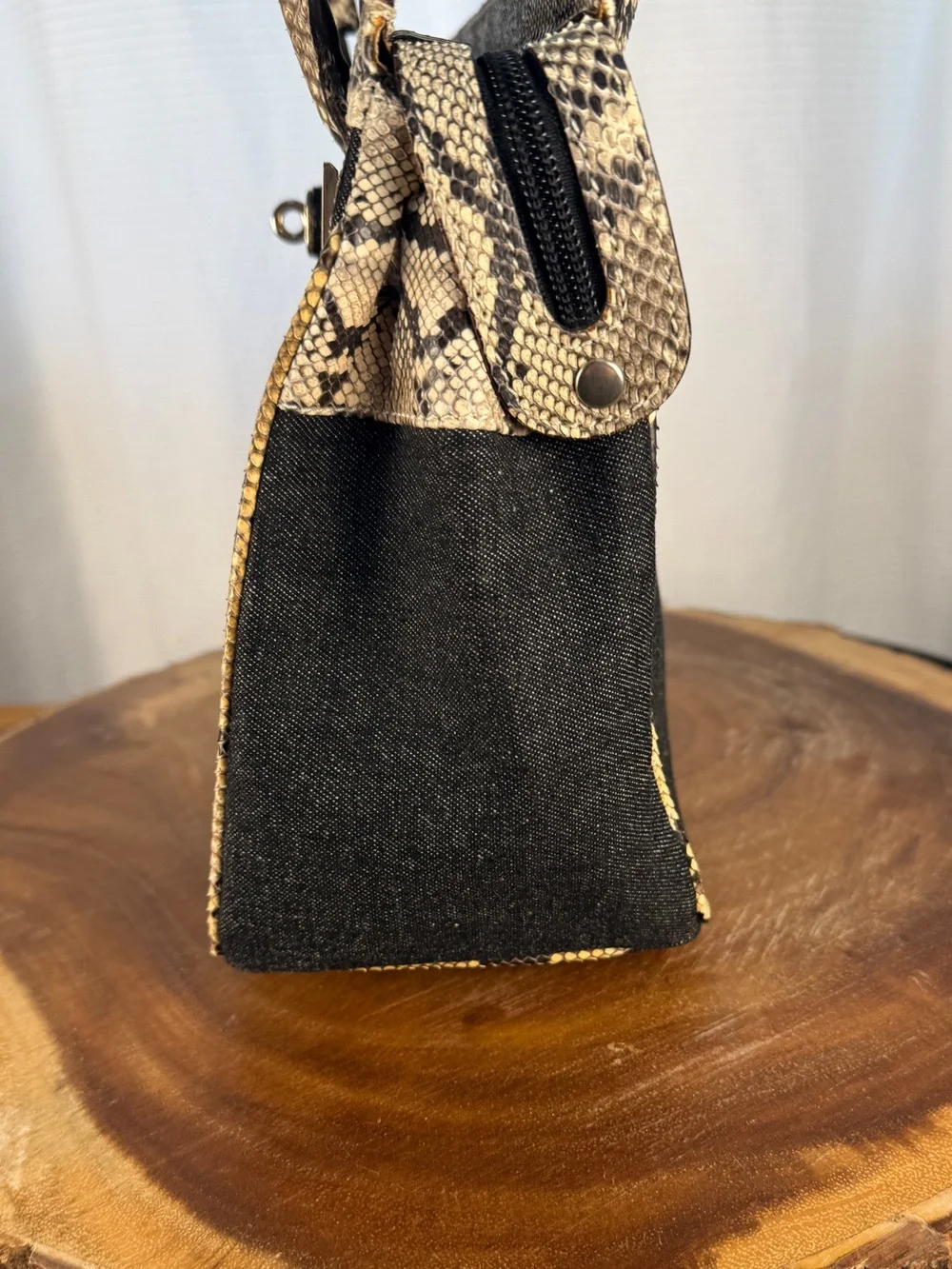 Castellari Milano Italian Leather & Denim Canvas Satchel-Snakeskin Leather Trim